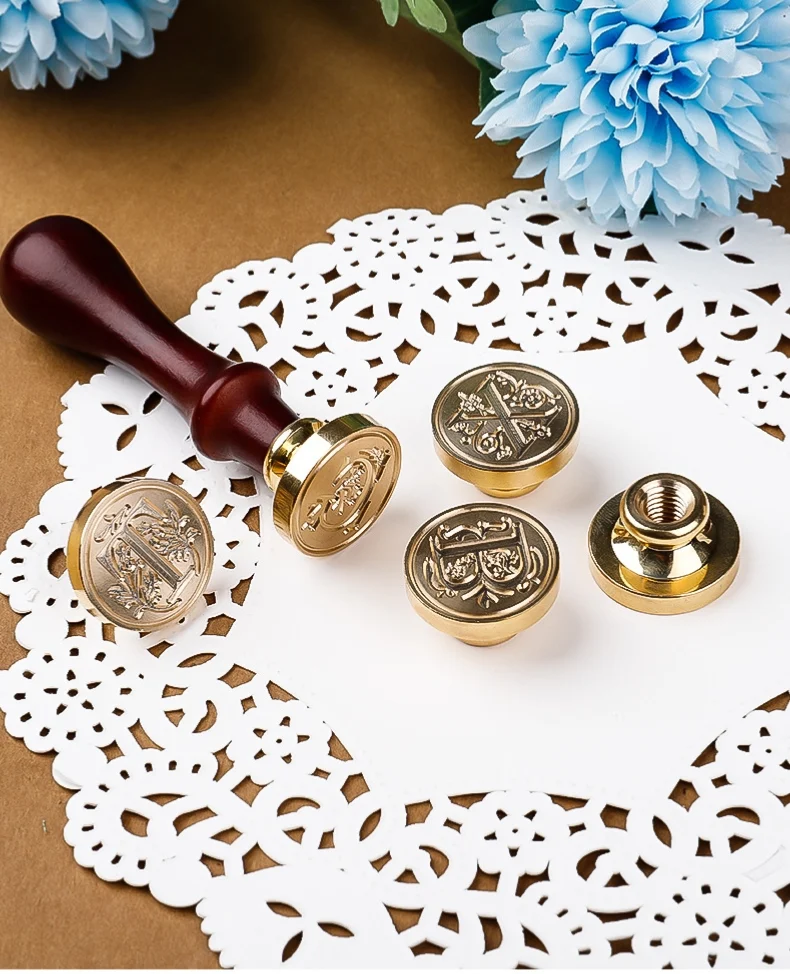 Brass Wax Seal Stamp with Natural Wood Handle – Custom Wedding Invitation Sealer