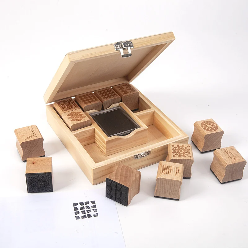Educational Wooden Stamp Set for Kids - Eco-Friendly Rubber Stamps (14×15.5cm)