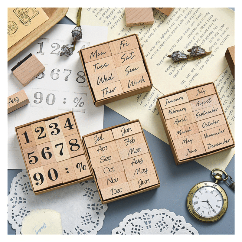 Vintage Alphabet Stamp Set with Wooden Handle - Custom Date & Letter Rubber Stamps for Crafting | Mobarnstamp